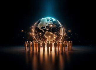 Poster - A group of figures stands in a circle around a glowing globe with light connections. The scene represents global connection and community.