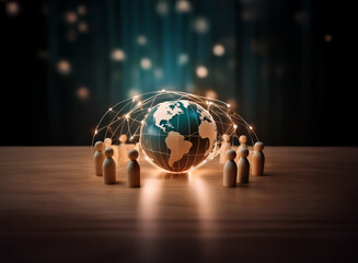 Poster - Wooden figures encircle a glowing globe, interconnected by a network of light. A representation of global community and connections.