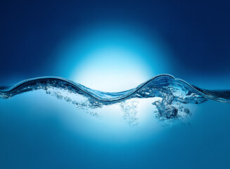 Leinwandbilder - Water wave illuminated from behind against a deep blue background. The liquid motion is visible, showing a curved line and bright highlights.