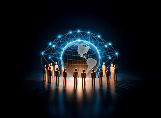 Poster - A group of people figures are standing in a circle surrounding a glowing globe. Blue lines connect the figures and the globe, representing a global network or connection.