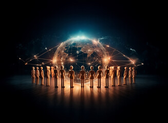 Aufkleber - Golden figures stand in a circle around a glowing globe. Light rays connect them, symbolizing global network, unity, and connection in a digital world.
