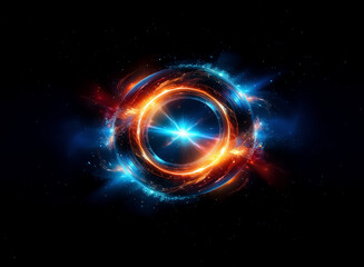 Poster - Abstract glowing circular form with vibrant blue and orange hues, emanating light on a dark backdrop. Looks like energy portal or cosmic ring.