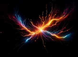 Aufkleber - Vivid light streaks burst from a central point on black, creating an energetic abstract display of vibrant colors and luminous intensity.