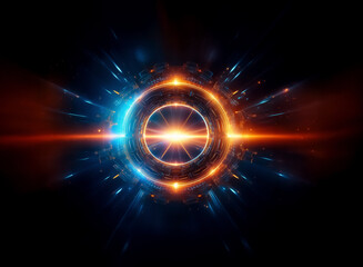 Leinwandbilder - Vibrant glowing circle bursts with energy on a dark background.  Abstract blue and orange lights radiate outwards, creating a dynamic and futuristic effect.