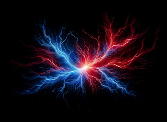 Fototapete - Vibrant red and blue lightning bolts collide dramatically in the center against a dark backdrop, creating an energetic and electric visual effect.