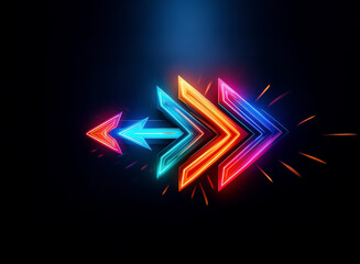Poster - Vibrant neon arrows glow against a dark backdrop, pointing right with layered, colorful shapes and light streaks emanating.