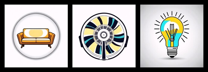 Poster - Three panels show a couch in a circle, a circular fan, and a light bulb with rays, all in a simple, illustrative style against white backgrounds.