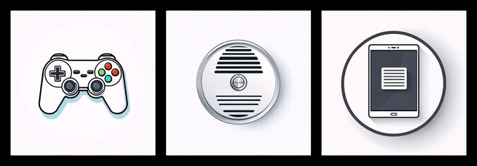 Poster - Description:
Three icons depict entertainment and technology. They include a game controller, a speaker, and a tablet, each in a square panel.

Keywords: