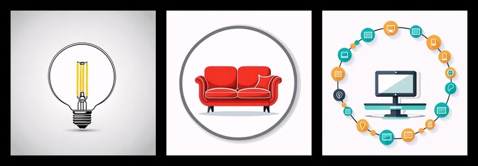 Aufkleber - Three square frames display a lightbulb, a red sofa inside a circle, and a computer inside connected circles.