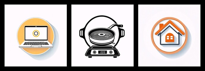 Poster - Icons depict laptop with gear symbol, cooking pan on stove, and house with door, each in circle with shadow.