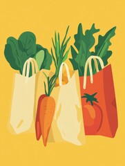 Poster - Modern flat illustration of reusable grocery bags filled with fresh produce emphasizing sustainability and eco-friendly choices Generative AI