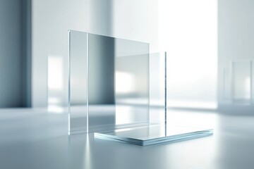 Fototapete - Minimalist composition featuring transparent glass panels with soft glowing edges in a bright, futuristic interior space