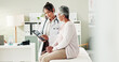 © peopleimages.com - Doctor, checkup and elderly patient on tablet in office of research, online results and diagnosis advice. People, digital and healthcare report, insurance checklist and treatment schedule and medical