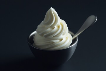 Aufkleber - Soft serve ice cream served in a small black bowl with a silver spoon on a dark background