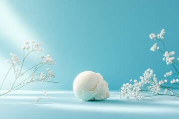Aufkleber - White ice cream scoop surrounded by delicate flowers on a light blue background in a minimalistic setting