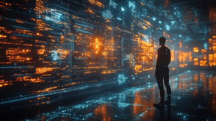 Digital Matrix: A Silhouette in a Glowing Data Stream