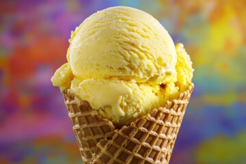 Poster - Delicious yellow ice cream in a waffle cone against a colorful background during a summer afternoon