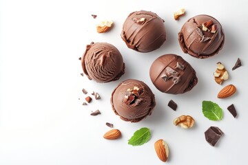 Poster - Chocolate ice cream scoops with nuts and mint leaves arranged on a white surface
