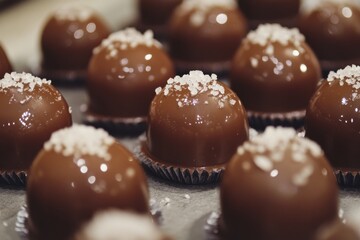 Aufkleber - Delicious chocolate treats topped with flaky sea salt in a dessert display at a local market