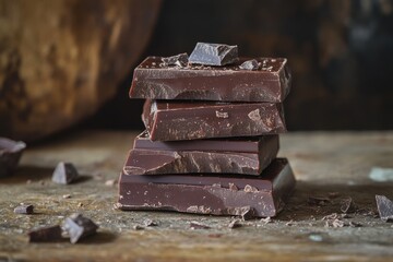 Poster - Delicious dark chocolate stacked on a rustic wooden surface with broken pieces scattered around