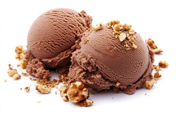 Poster - Chocolate ice cream scoops with crushed nuts on a white background