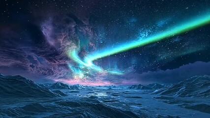 Wall Mural - Stunning cosmic landscape with vibrant auroras illuminating a frozen alien terrain under a starry sky