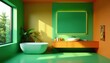 © meenmeen - Vibrant green & orange bathroom; large mirror, tub, sink, plant, hygiene, modern