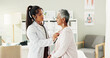 © peopleimages.com - Doctor, stethoscope and senior woman in office for cardiology, listen to heartbeat and healthcare exam. People, evaluation and check breathing, cardiovascular sound and diagnosis for medical services