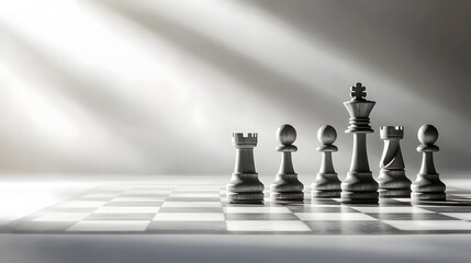 Poster - A conceptual black and white image of a chessboard with the chess pieces casting long exaggerated shadows due to dramatic lighting