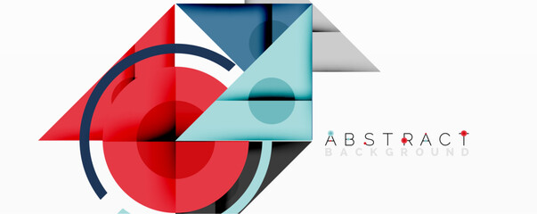 Wall Mural - Abstract geometric composition with overlapping triangles, circles, and gradients, featuring a central circular design with text