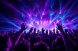 © PlanetOfVectors - Crowd of people with raised hands at a music concert with vibrant purple and blue lighting effects on a dark background, concept of celebration. Ai generative