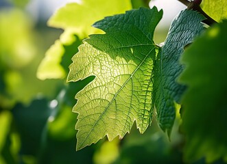 Close-up of a green grape leaf with visible veins, a macro photograph. Natural background texture. Stock photo. Close-up of green grape leaves with veins, macro photography. Macro close-up of the vibr