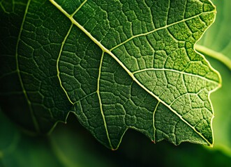Close-up of a green grape leaf with visible veins, a macro photograph. Natural background texture. Stock photo. Close-up of green grape leaves with veins, macro photography. Macro close-up of the vibr