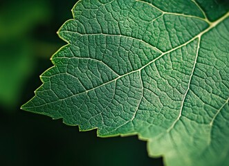 Close-up of a green grape leaf with visible veins, a macro photograph. Natural background texture. Stock photo. Close-up of green grape leaves with veins, macro photography. Macro close-up of the vibr