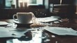 © Tri - Chaotic workspace with overflowing coffee cup amidst scattered documents