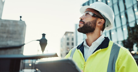 Aufkleber - Tablet, engineer planning and man in city for building, thinking and development at dawn. Technology, construction and architect outdoor for maintenance decision, safety inspection or problem solving