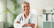 © peopleimages.com - Confident, doctor and mature woman with arms crossed, portrait and smile for healthcare in clinic or life insurance. Hospital, medical professional and happy person with pride for career or internist