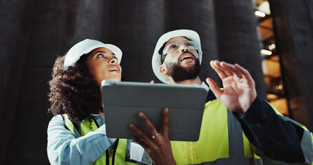 Aufkleber - Woman, man and engineer on tablet with discussion, review and planning for urban expansion in city People, architect and touchscreen app at night, property and infrastructure inspection in Costa Rica