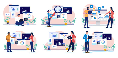 Leinwandbilder - Business data analytics collection - Set of vector illustrations graphics with group or team of businesspeople analysing charts, insights, graphs and diagrams working with company growth