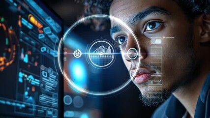 Focused Man Analyzing Data on Futuristic Displays