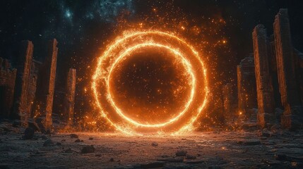 Wall Mural - Fiery portal ring in a desolate alien landscape