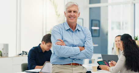Poster - Portrait, business man and arms crossed in meeting for financial management, investment planning and confidence. Finance executive, mature person and smile in office for corporate career and about us