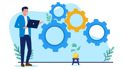Aufkleber - Man with computer and business cogwheels - Businessman standing holding laptop and working keeping the company wheels turning. Flat design vector illustration graphic on white background