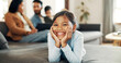 © BuyOutFelix01/peopleimages.com - Family, love and smile and portrait of child on sofa for calm, care and comfortable. Support, happiness and connection with young girl in living room of home for commitment, relax and growth