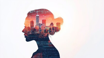 Cityscape Silhouette Woman's Mind with Urban and Code Overlay ,Futuristic,Technology