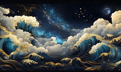 Wall Mural - illustration of the milky way galaxy made from gold and silver with blue stars, with ocean waves cra
