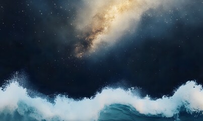 Wall Mural - illustration of the milky way galaxy made from gold and silver with blue stars, with ocean waves cra