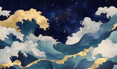 Wall Mural - illustration of the milky way galaxy made from gold and silver with blue stars, with ocean waves cra