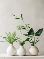 Fototapete - Elegant home decor featuring green plants in white ceramic vases set against a neutral background for a modern aesthetic