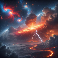 Wall Mural - The universe explodes, forming early galaxies and nebulae. Stars ignite, creating a stunning celestial view. Earth forms, a fiery, molten planet with violent volcanic eruptions and lava flows.